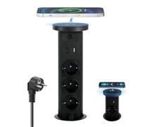 Presa Retrattile a 3 Scomparti con Caricatore Wireless da 10w, Presa Retrattile con 1 USB C 1 USB-A 20W, Presa da Incasso per Piano di Lavoro Presa Multipla con Cavo da 2 M per Cucina e Ufficio