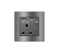 Presa standard britannica EIOMR da 13 A e 220 V, pannello in lega di alluminio grigio con porta di ricarica USB, per il miglioramento della casa. (Type 17)