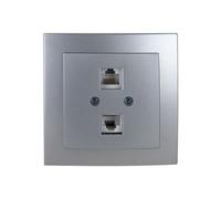 Presa TFNO 2 x RJ11 in elegante argento, progettata per incasso. Serie 8000, unisce funzionalità ed estetica, ottimizzando le connessioni in casa o in ufficio in modo efficiente.
