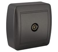 Presa TV di superficie color grafite, perfetta per il montaggio a parete e per il collegamento di dispositivi audio e video, offrendo versatilità ed eleganza in qualsiasi ambiente.
