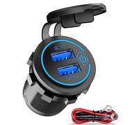 Presa USB 12V, Doppia Quick Charge 3.0 Caricatore Auto per Cellulare con LED Blu e Interruttore, Adattatore Accendisigari 12V/24V Impermeabile per Auto Moto Camper Barca Golf Cart Ecc.