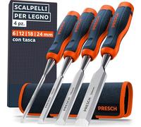 Presch Set di scalpelli per legno 4pz. incl. Borsa - Completamente affilati per un utilizzo immediato (6, 12, 18, 24mm) - Con angolo di taglio a 25° e robusta capocchia in metallo