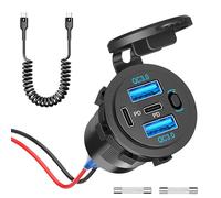 Prese USB C 12V 90W 4 Porte, Doppia PD 36W e Doppia QC 18W USB Caricabatteria 12 Volt per Auto Adattatore Accendisigari Impermeabile con Interruttore e Cavo da C a C per Barca,Autobus,Camion,Golf,Moto