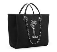 Presentimental Personalizzato Borse Tote da Donna con Nome Compleanno Fiore Grande Shopping Bag con Zip Borsa Spiaggia Regalo Per Donne Mamma Moglie Amici (nero)