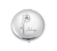 Presentimental Specchi Cosmetici Personalizzato Specchietto da Borsetta con Nome e Fiori di Compleanno Specchietti Compatti per Donne Ragazze Specchio Ingranditore Regali Personalizzati (Argento)