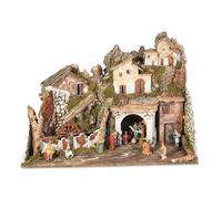 Presepe Completo 76x40x54 cm con Mulino, 13 Statuine e 20 Luci