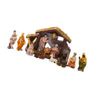Presepe della Sacra Famiglia in resina con stalla e asino Decorazione da tavolo natalizia per la casa vacanza Centrotavola Sacra Famiglia Resine Figurine Statua Con Stalla