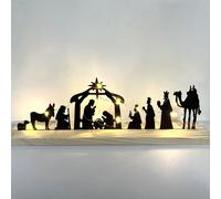 Presepe in metallo, silhouette del presepe con base in legno, decorazioni