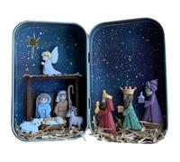 Presepe in miniatura in scatola di latta, mini statuette 3D della Sacra Famiglia e Gesù Bambino, Portabilità Trasporta la storia del Natale con statuette della Sacra Famiglia e Gesù