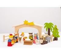 Presepe per bambini in legno - dipinto a mano - con albero di Natale - in confezione regalo - Presepe Gesù Bambino, Maria e Giuseppe, Santi Tre Re, bue e asini