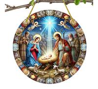 Presepe per Esterni - Grande decorazione natalizia da giardino, resistente alle intemperie, decorazione della Santa Famiglia | Piatta, rotonda per finestre in acrilico, presepe illuminato, facile da