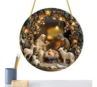 Presepe per Esterni - Grande decorazione natalizia da giardino, resistente alle intemperie, decorazione della Santa Famiglia | Piatta, rotonda per finestre in acrilico, presepe illuminato, facile da