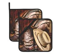 Presine da cucina resistenti al calore con cappello nero da cowboy e stivali western, set di 2, per cucinare in modo sicuro ed elegante, come regalo per le donne.