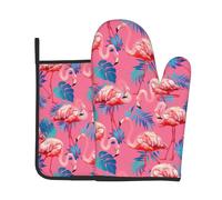 Presine E Guanti Da Barbecue Resistenti Al Calore Beautiful Flamingo Tropical Flowers Guantis Da Barbecue Antiscivolo Presine Cucina per Arrostire Cuocere Grigliare Set Di 2