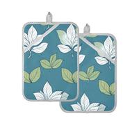 Presine resistenti al calore con foglie di fiori estivi, colore bianco e verde, per cucina, con tasca per forni, confezione da 2