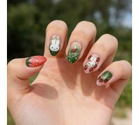 Press on Nails Almond Mittellang - Punta francese con decorazione di fragola 3D, unghie finte brillanti da applicare per donne, set da 24 pezzi