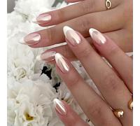 Press on Nails Breve - French Chrome Glazed Ciambella bianca, unghie finte con colla per unghie, Almond Nude Hailey Bieber Style, unghie finte riutilizzabili per manicure fai da te