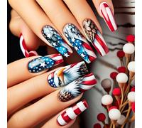 Press On Nails Celebrate Independence Day 24pcs Falso Con Strisce E Stelle Modellato Fashion Art Nail Tips