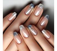 Press On Nails French Tips Mandorla Stick On Con Glitter Foglia Disegni Accessori Artificiali 24Pcs Press On Nail