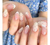 Press on Nails - Unghie finte a mandorla media, punta francese nude, con base bianca e design a pois marroni, unghie adesive in acrilico lucido a copertura completa, unghie adesive naturali