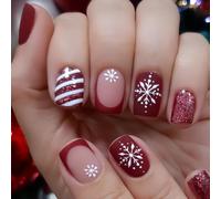 Press On Nails Wine Red Snowflake Glitter 24PCS | Deep wine red color, snowflake patterns, sparkling glitter finish, festive holiday look, per instant glam