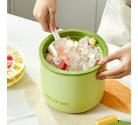 Press Type Ice Maker with Lid and Bin, Compact Ice Cube Tray Kit for Freezer, Portable Bucket with Scoop & Tongs for Camping Travel RV, 1 Bucket & 7 Accessories, PP Material