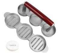 Pressa per hamburger in lega di alluminio, cucina all'aperto e barbecue per hamburger fatti in casa per, 3-Grid con stampo Press Patty Hamburger fai da te, manico in legno, fodere carta 100 pezzi