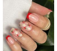 Pressa Quadrata Sulle Unghie Disegni Alla Fragola Fragole Francese Unghie Finte Acrilico Falsi False Unghie Artificiali Gues Unghie Per Donne Attaccano Unghie Finta