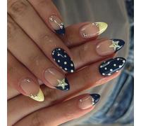 Presses on Nails Blue Yellow Starry French Tips Flessibile ABS Unghie artificiali per uso quotidiano, feste serali, lunga durata, French Manicure Nail