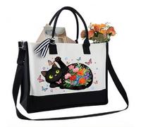 PRESSINART Borsa Tote con Motivo Floreale e Farfalla con Cerniera e Riutilizzabile Ideale per Fare Shopping Lavoro Viaggi Spiaggia e Spesa. Regalo Carino per Amanti dei Gatti Donne Amiche Compleanni