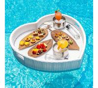 PRESSLAY Rattan Floating Breakfast Tray Creative Heart-Shaped Swimming Pool Floating Tray Table Extra Large Water Floating Table for Pool Beach Party (Color : White)