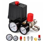 Pressostato per Compressore Aria 220V, Kit Accessori per Compressore con Regolatore di Pressione Aria, 2 Manometri, Raccordo G1/4 e Nastro PTFE, Pressostato Press Control, 90-120 PSI