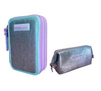 PRESTIGE & DELUXE Astuccio Corredo Tinta Unita Pool Over 3 Cerniere Gradient Azzurro Viola completo di cancelleria + astuccio bustona Zip per Scuola Bambina Ragazza + portachiave e penna colorata