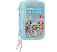 PRESTIGE & DELUXE Astuccio Na Na Na Surprise Glitter Azzurro Scuola Elementare Triplo con 18 Matite Colorate, 18 Pennarelli e Set Cancelleria + omaggio portachiave pailettes e penna colorata