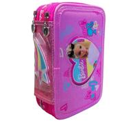 PRESTIGE & DELUXE Astuccio Scuola compatibile con Barbie Rosa 3 piani zip completo + portachiave Stitch e doppio set colori + Ricambio 12 pastelli e 12 pennarelli