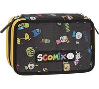 PRESTIGE & DELUXE Astuccio Scuola scomix nero 3 piani zip completo + portachiave fischietto e Ricambio doppio set colori + 12 pastelli e 12 pennarelli