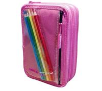PRESTIGE & DELUXE Astuccio Scuola Tinta Unita Pool Over 4 zip completo Rosa + 5 Pastelli Tinta Unita + omaggio portachiave pailettes