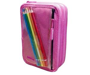 PRESTIGE & DELUXE Astuccio Scuola Tinta Unita Pool Over 4 zip completo Rosa + 5 Pastelli Tinta Unita + omaggio portachiave pailettes