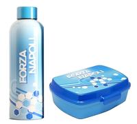 PRESTIGE & DELUXE Forza Napoli - Borraccia sport per Bambini, 500 Millilitri in acciaio per scuola gita tempo libero + Portapranzo in pvc Bpa free + portachiave squadra