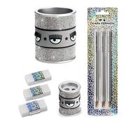 PRESTIGE & DELUXE Kit Scrittura Chiara Ferragni con Porta Penne colori, Temperamatite, Kit 3 matite, Kit 3 gomme + portachiave paillettes, penna sirena e segnalibro