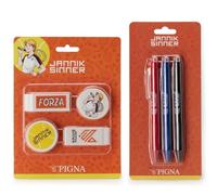 PRESTIGE & DELUXE Set scrittura scuola Jannik Sinner Tennis - Blister 3 penne e 4 gomme + portachiave