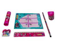 PRESTIGE & DELUXE Set scrittura scuola Me contro Te Rosa Fucsia Glitter - per bambini con matita,gomma, penna, righello, colla, temperino e adesivi sticker per personalizzare libri