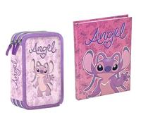PRESTIGE & DELUXE Stitch Astuccio scuola Triplo Angel che Include 43pz Giotto + diario scuola Stitch Angel Rosa 2025-2026 F.to Standard 20x15 cm per bambine + portachiave Stitch