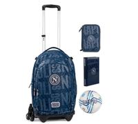 PRESTIGE & DELUXE Trolley con Zaino scuola staccabile Napoli Tondo Blu Primaria secondaria e mini pallone + Astuccio 3 piani completo di cancelleria + Diario standard 18x14 cm + portachiave squadra