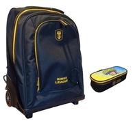PRESTIGE & DELUXE Trolley Zaino - King League Patch Intercambiabile - per la scuola primari Bambini + Kit penne e portachiave calcio + astuccio ovale BOOMERS zip + set penne e portachiave calcio
