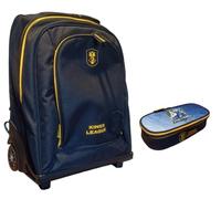 PRESTIGE & DELUXE Trolley Zaino - King League Patch Intercambiabile - per la scuola primari Bambini + Kit penne e portachiave calcio + astuccio ovale STALLIONS zip + set penne e portachiave calcio