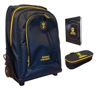 PRESTIGE & DELUXE Trolley Zaino - King League Patch Intercambiabile - per la scuola primari Bambini + Kit penne e portachiave calcio + astuccio ovale zip + diario + set penne e portachiave calcio