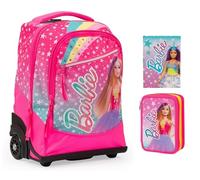 PRESTIGE & DELUXE Trolley Zaino scuola compatibile con Barbie Rosa + Astuccio 3 piani + Diario 2025/2026 + omaggio 7 penne multicolore e portachiave paillettes