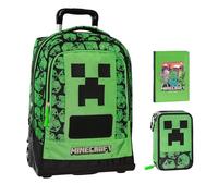 PRESTIGE & DELUXE Trolley Zaino Scuola compatibile con Minecraft Pixel per bambini + astuccio 3 piani completo di cancelleria + diario 2025/2026 + 7 Penne Scatto cancellabili e portachiave fischietto