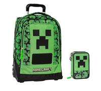 PRESTIGE & DELUXE Trolley Zaino Scuola compatibile con Minecraft Pixel per bambini + astuccio 3 piani completo di cancelleria + 7 Penne Scatto cancellabili e portachiave fischietto